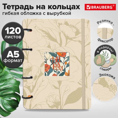 Тетрадь на кольцах А5, 180×220 мм, 120 л., под кожу, вырубка, резинка, стикеры, BRAUBERG, «Мечта»