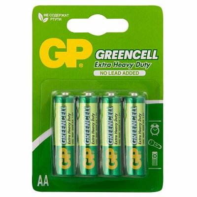 Батарейки КОМПЛЕКТ 4 шт., GP GreenCell AA (R6, 15G), солевые, пальчиковые, блистер
