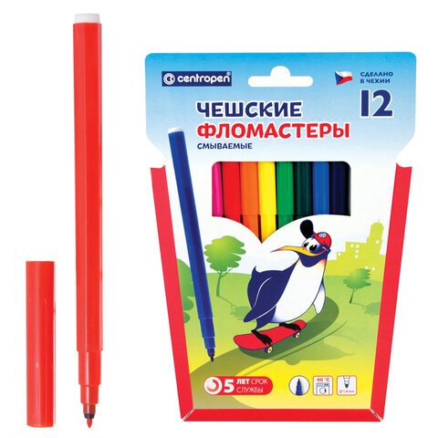 Фломастеры CENTROPEN, 12 цветов, «Пингвины», смываемые, вентилируемый колпачок, полибег