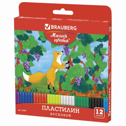 Пластилин восковой BRAUBERG, 12 цв., 180 г, со стеком