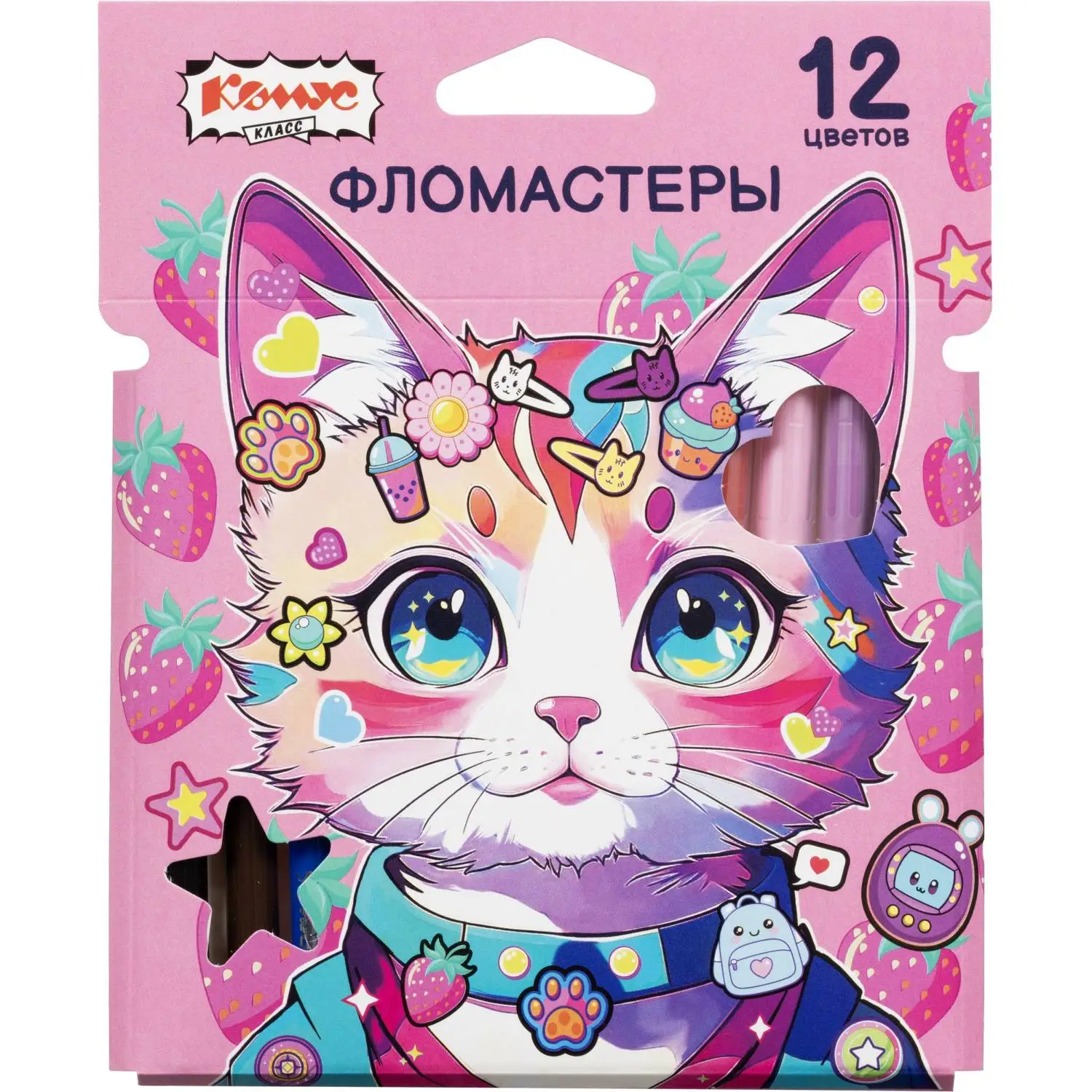 Фломастеры Комус Класс Kitty stickers 12 цветов с вентилируемыми колпачками смываемые