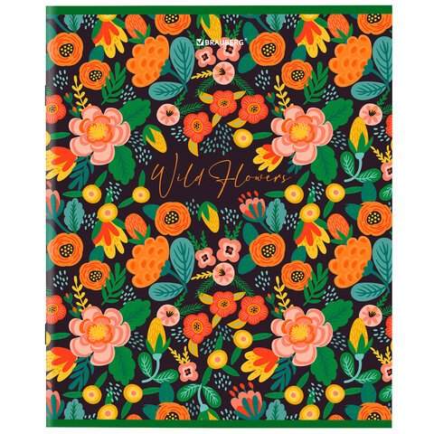 Тетрадь А5, 96 л., BRAUBERG, скоба, клетка, глянцевая ламинация, «Wild Flowers»