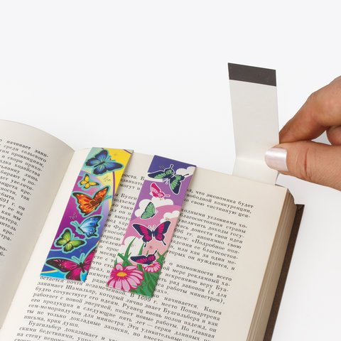 Закладки для книг с магнитом БАБОЧКИ, набор 6 шт., блестки, 25×196 мм, ЮНЛАНДИЯ