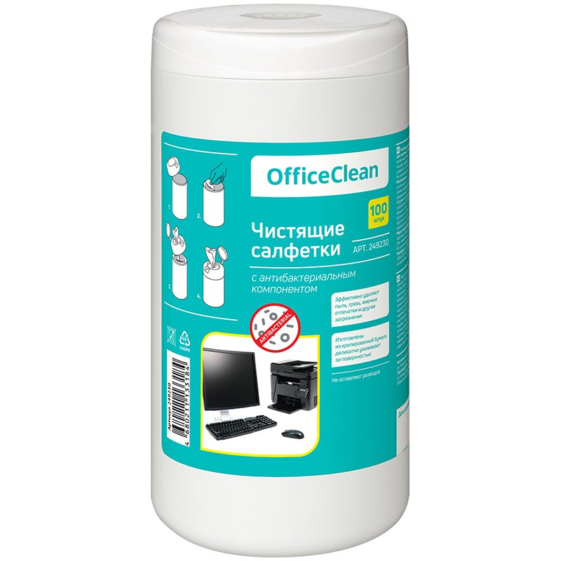 превью Салфетки чистящие влажные OfficeClean, универсальные, антибактериальные, в тубе, 100шт.