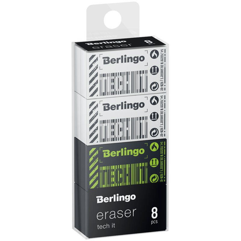 превью Ластик Berlingo «Tech it», 8шт, прямоугольный, 45×25×10мм, PVC бокс