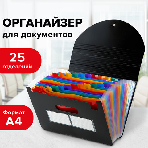 Папка-органайзер для бумаг и документов на резинке, 25 отделений, BRAUBERG DOCS, А4, черная