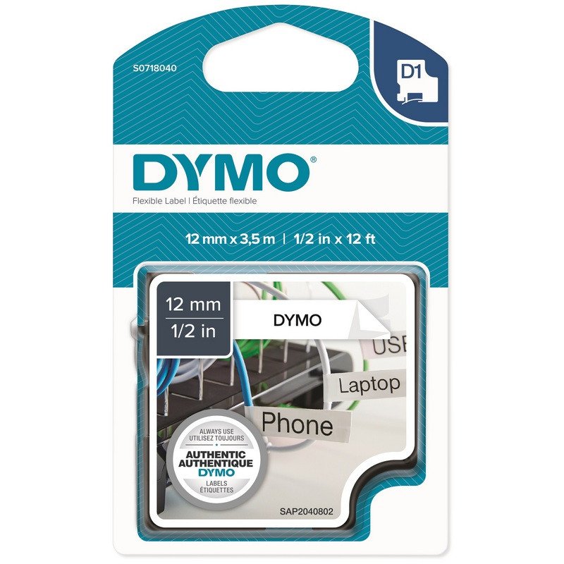 Картридж для этикет-принтера Dymo S0718040 D1 (12 мм х 3.5 м, черный шрифт, белая лента)
