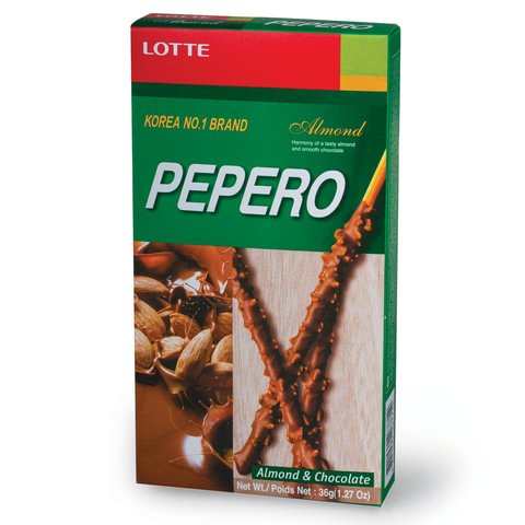 Печенье-соломка LOTTE «Pepero Almond», с шоколадной начинкой, в картонной упаковке, 36 г