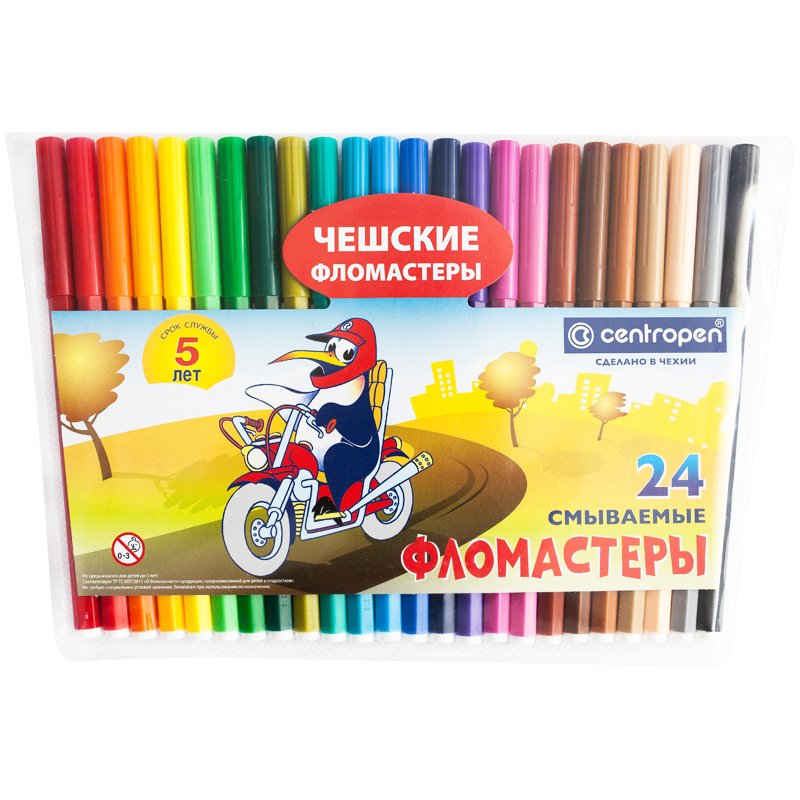 Фломастеры CENTROPEN, 24 цвета, «Пингвины», смываемые, вентилируемый колпачок, полибег
