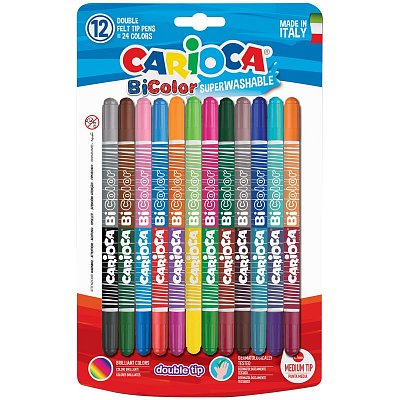 Фломастеры двусторонние Carioca «Bi-Color», 24цв., 12шт., двуцветные, смываемые, блистер, европодвес