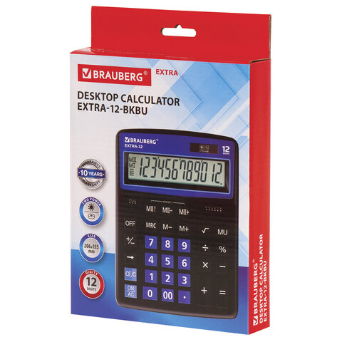Калькулятор настольный BRAUBERG EXTRA-12-BKBU (206×155 мм), 12 разрядов, двойное питание, ЧЕРНО-СИНИЙ