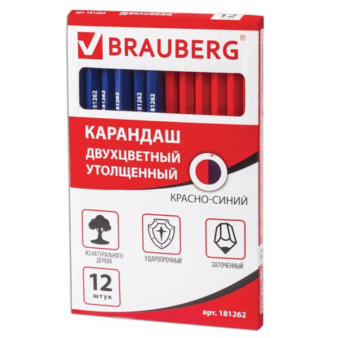 Карандаш двухцветный, красно-синий, утолщённый, BRAUBERG, заточенный, грифель 4.0 мм