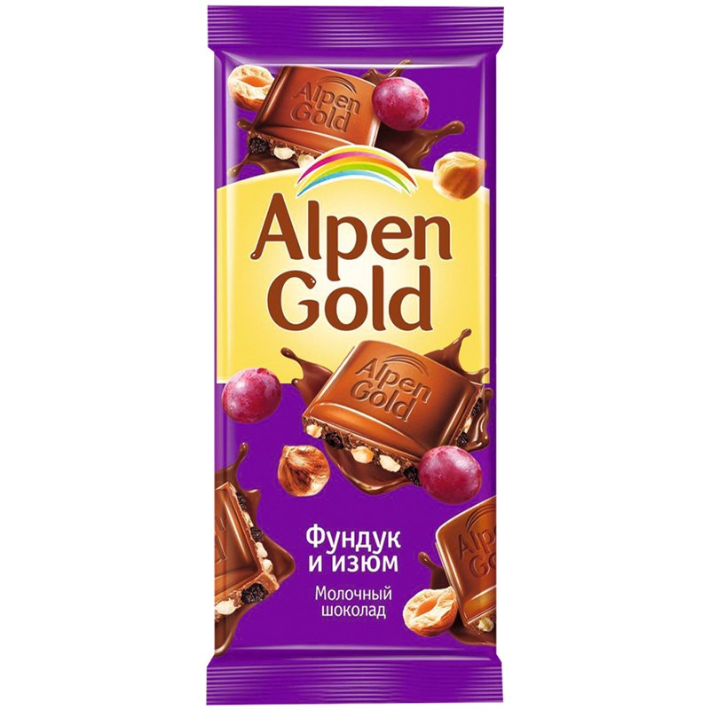 Шоколад Alpen Gold молочный с фундуком и изюмом (90г)