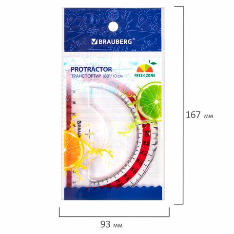 Транспортир 10 см BRAUBERG «FRESH ZONE»180 градусовпластикпрозрачныйкрасная шкала210760