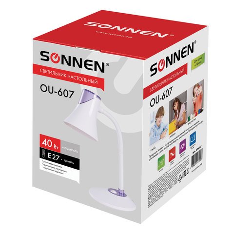 Светильник настольный SONNEN OU-607, на подставке, цоколь Е27, белый/фиолетовый