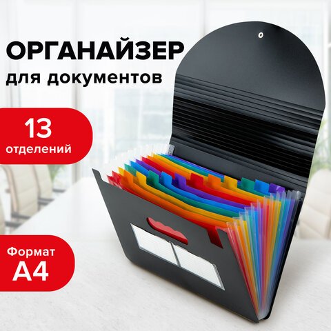 Папка-органайзер для бумаг и документов на резинке, 13 отделений, BRAUBERG DOCS, А4, черная