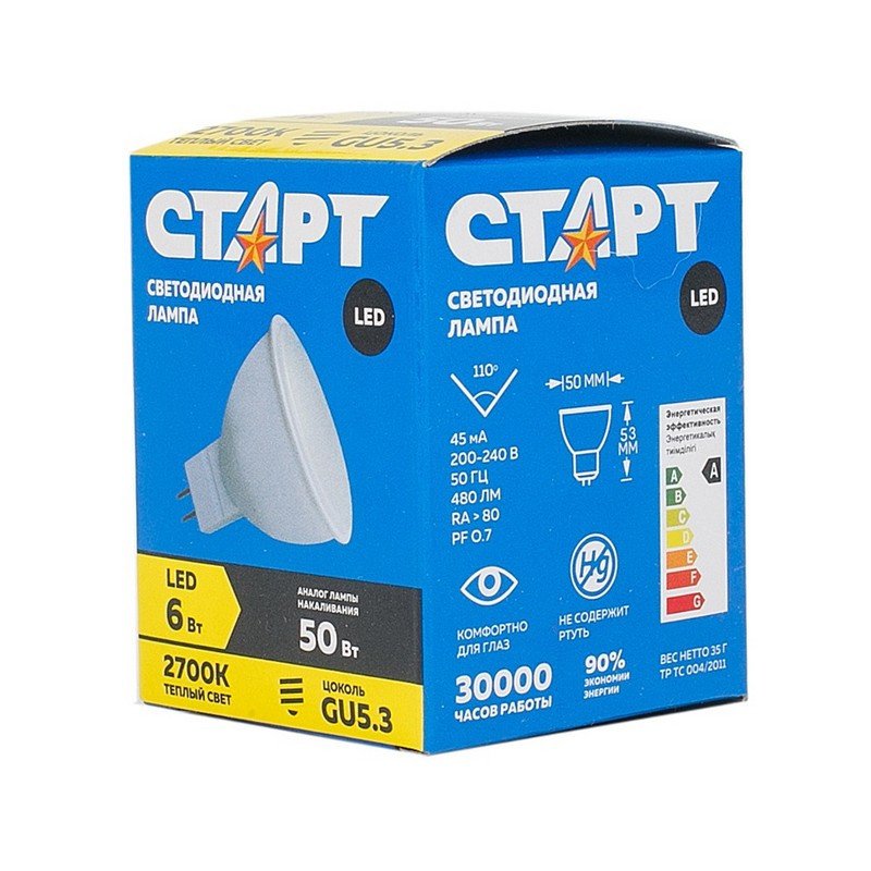 превью Электрич.лампа светодиодная СТАРТ, мощн 6W, цоколь GU5.3, спот, тепл. бел