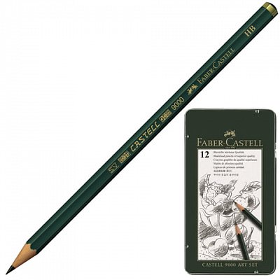 Карандаши чернографитные FABER-CASTELL, НАБОР 12 шт., «Castell 9000 Art Set», 2H-8B, металлическая коробка