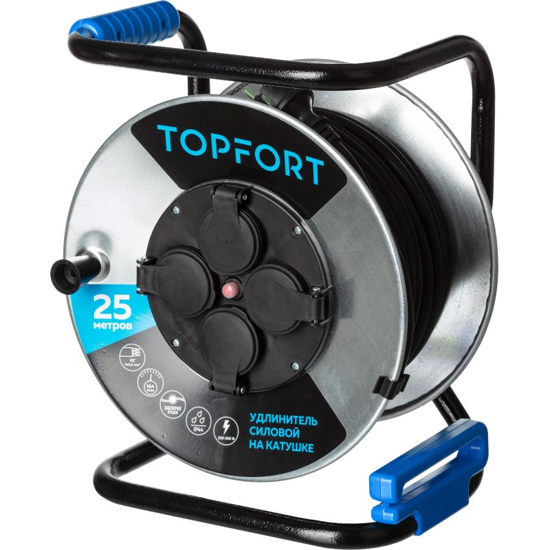 Удлинитель TOPFORT КГ 3×2.5 кв. мм. 25м 16А 4 гнезда с/з., с/загл. IP44