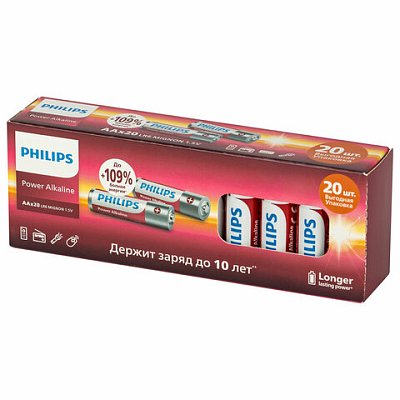 Батарейки алкалиновые «пальчиковые» КОМПЛЕКТ 20 шт., PHILIPS Power Alkaline, АА (LR6, 24А), блистер