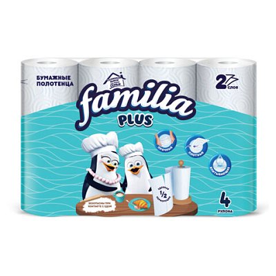 Полотенца бумажные бытовые, спайка 4 шт., 2-слойные (4×12 м), FAMILIA PLUS, 22.7×12 см, белые