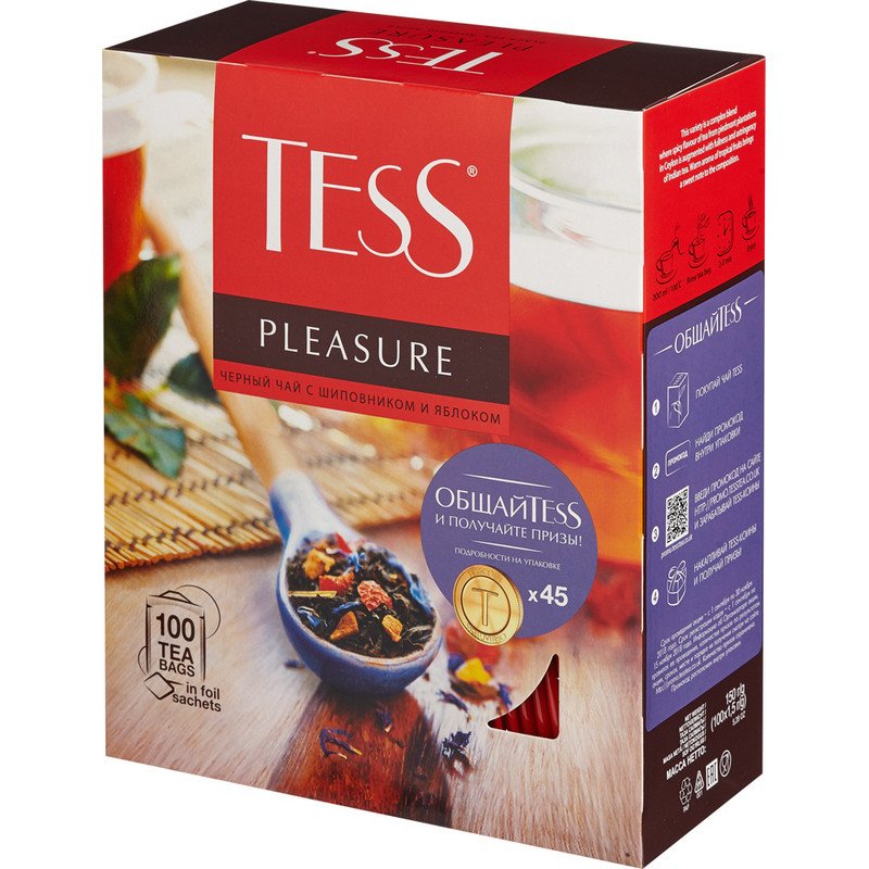 Чай TESS «Pleasure», черный с шиповником и яблоком, 100 пакетиков по 1.5 г