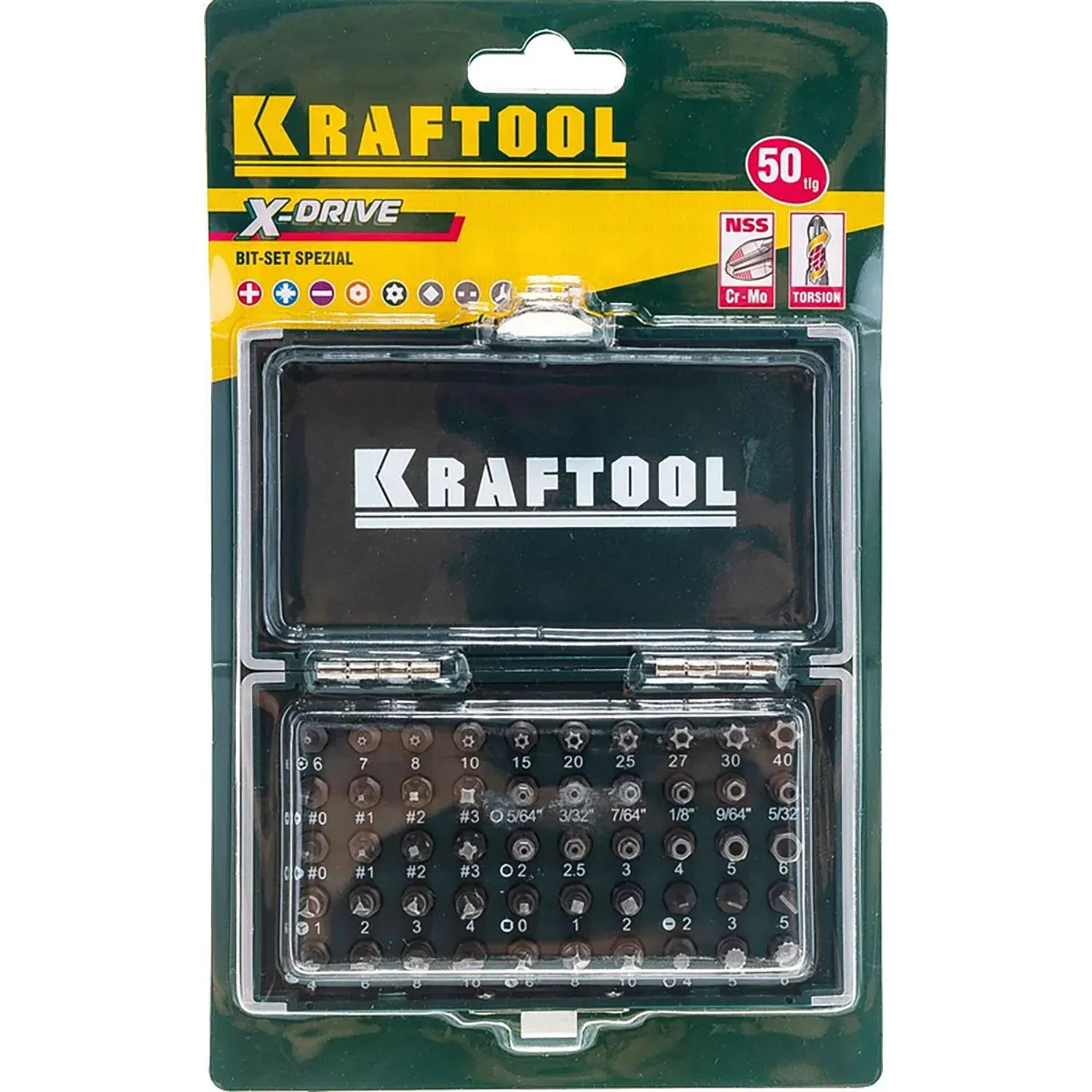 Набор бит магнитных ударных для шуруповёрта Kraftool X-Drive Torq-Set, Tri-Wing, TORX, HEX, PZ, PH, Spline 50 мм в кейсе (50 штук, 26065-H50)