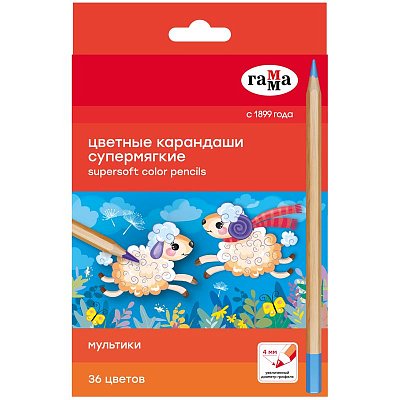 Карандаши цветные Гамма «Мультики», 36цв., супермягкие, увелич. диаметр грифеля 4.0мм, заточен., картон. упак., европодвес