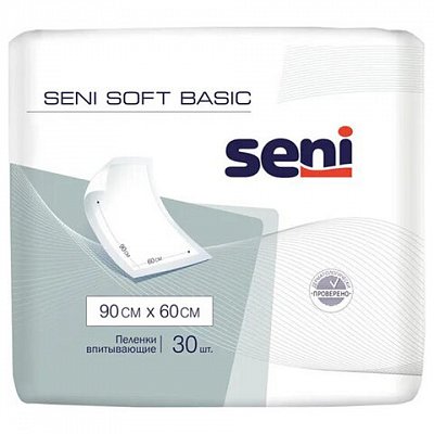 Пеленки 60×90 см, SENI SOFT BASIC, КОМПЛЕКТ 30 шт., впитывающие, одноразовые
