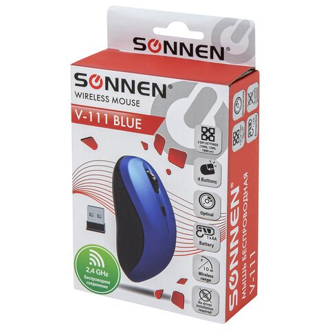 Мышь беспроводная SONNEN V-111, USB, 800/1200/1600 dpi, 4 кнопки, оптическая, синяя