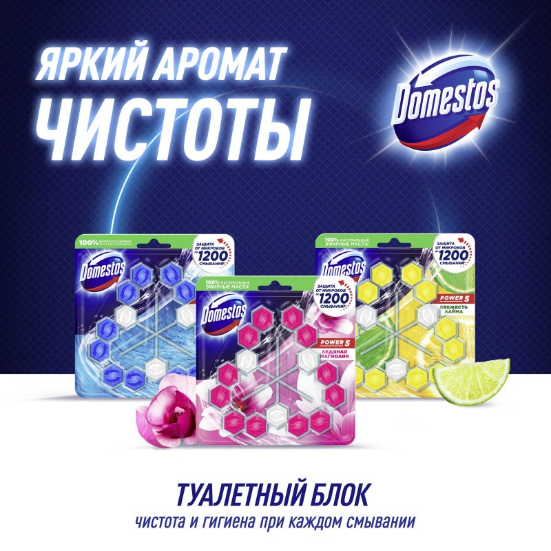 Блок для унитаза гигиенический Domestos Power 5 Trio Ледяная магнолия (3 штуки в упаковке)