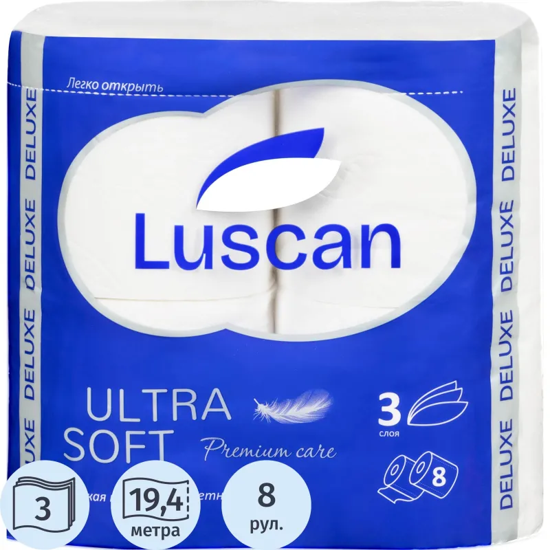 превью Бумага туалетная Luscan Deluxe 3-слойная белая (8 рулонов в упаковке)