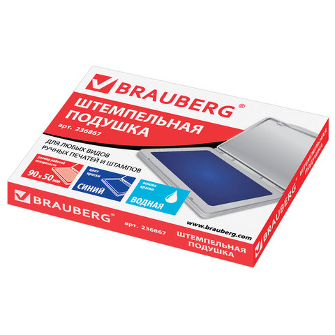 Штемпельная подушка BRAUBERG, 100×80 мм (рабочая поверхность 90×50 мм), синяя краска