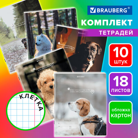 Тетради ДЭК 18 л. КОМПЛЕКТ 10 шт., BRAUBERG, клетка, обложка картон, Щеночки