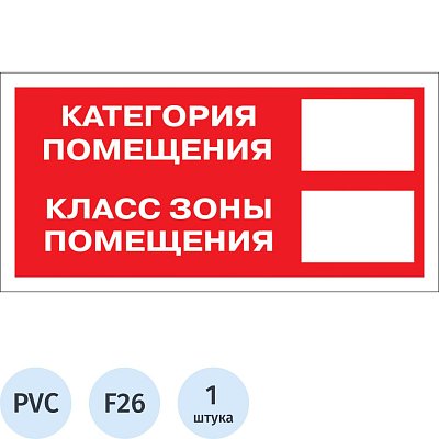 Знак безопасности F26 Кат-я помещения, 150×300 мм, пластик