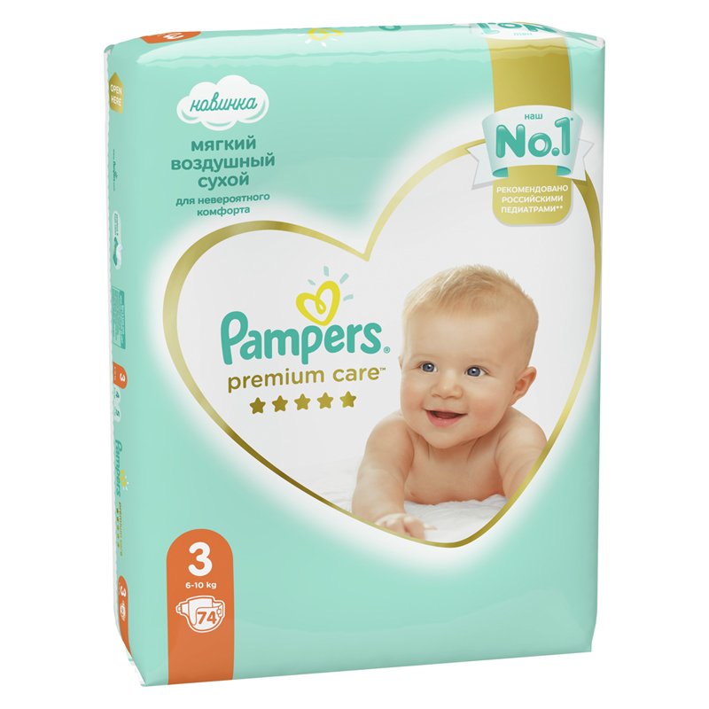 Подгузники КОМПЛЕКТ 74 шт. PAMPERS (Памперс) «Premium Care», размер 3 (6-10 кг)