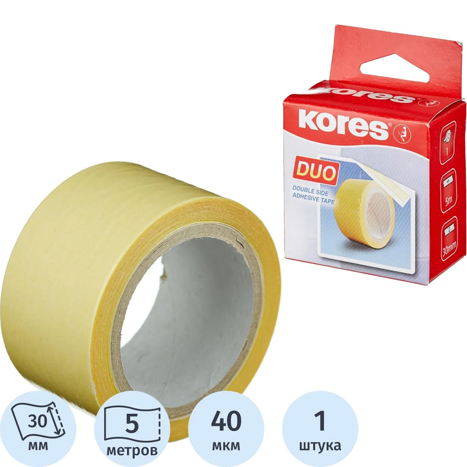 Клейкая лента канцелярская Kores прозрачная двусторонняя 30 мм x 5 м