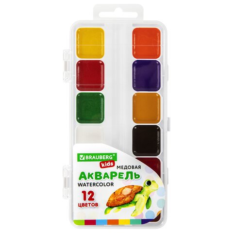 превью Краски акварельные BRAUBERG «KIDS», медовые, 12 цветов, квадратные кюветы, пластиковый пенал