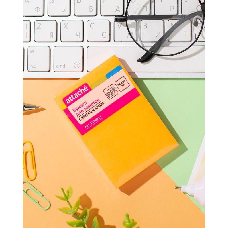 Стикеры 76×51 мм Attache неоновые оранжевые (1 блок, 100 листов) арт ...