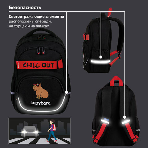 Рюкзак BRAUBERG MOTION, 2 отделения, 3 кармана, «Calm capy», СВЕТЯЩИЙСЯ, 41×28х17 см
