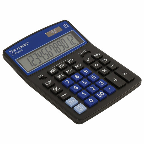 Калькулятор настольный BRAUBERG EXTRA-12-BKBU (206×155 мм), 12 разрядов, двойное питание, ЧЕРНО-СИНИЙ