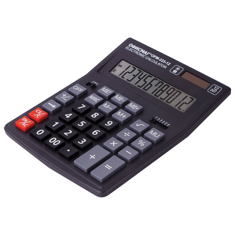 Калькулятор настольный ОФИСМАГ OFM-333 (200×154 мм) 12 разрядов, двойное питание, ЧЕРНЫЙ