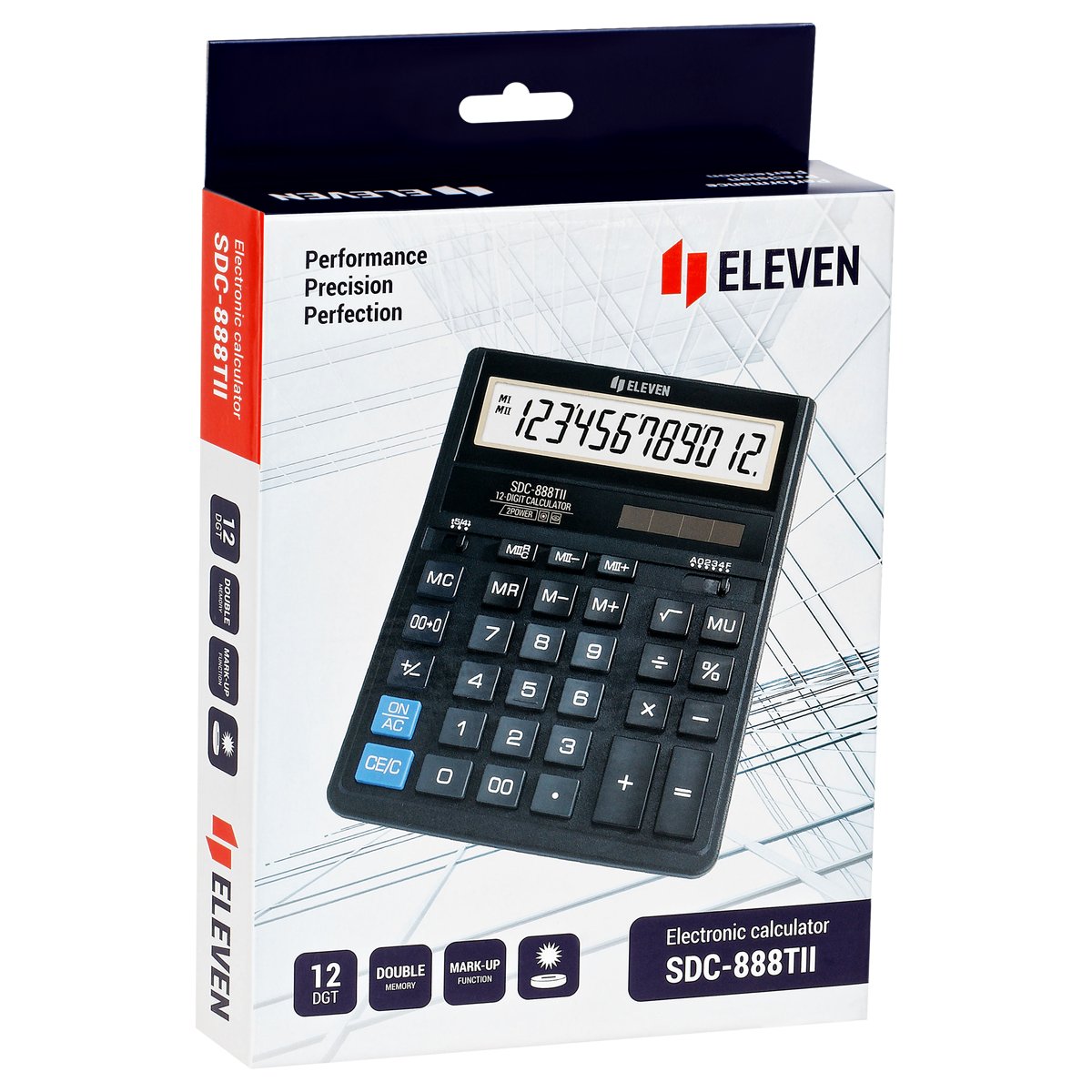 Калькулятор настольный Eleven SDC-888TII, 12 разрядов, двойное питание, 158×203×31мм, черный