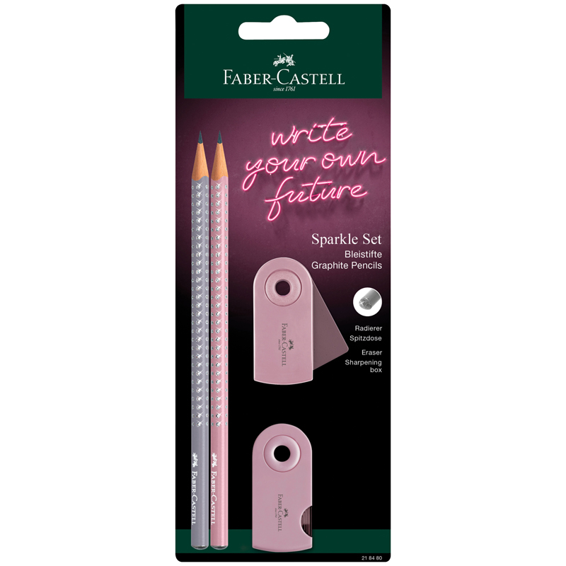превью Набор карандашей ч/г Faber-Castell «Sparkle», 2 шт., трехгран., заточен., точилка и ластик Sleeve Mini, дымчато-розовый, блистер