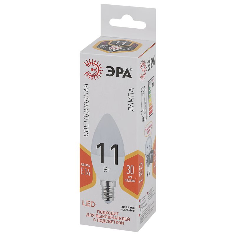 Лампа светодиодная ЭРА STD LED B35-11W-827-E14 E14 / Е14 11Вт теплый свет