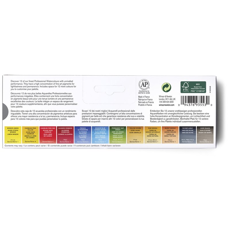 Акварель Winsor&Newton «Professional», 12цв., мал. кюв., место для смешивания красок, металл. коробка