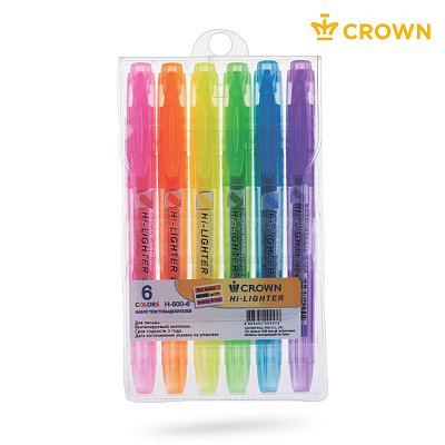 Набор текстовыделителей Crown «Multi Hi-Lighter» 6цв., 1-4мм, чехол с европодвесом