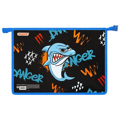Папка для тетрадей ПИФАГОР А4, 1 отделение, картон/пластик, на молнии, «Angry shark»