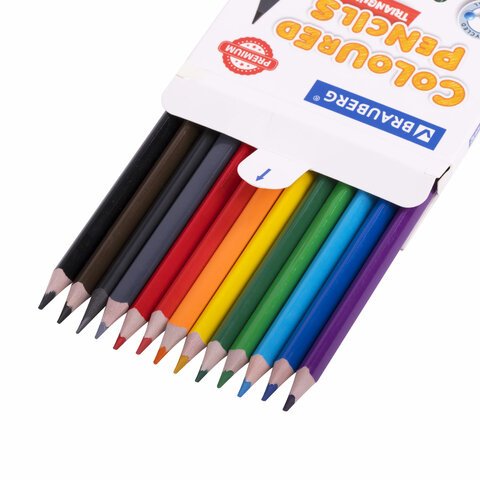 Карандаши цветные пластиковые, BRAUBERG PREMIUM 12 цветов + 1 чернографитный карандаш, трехгранный корпус, грифель 3 мм