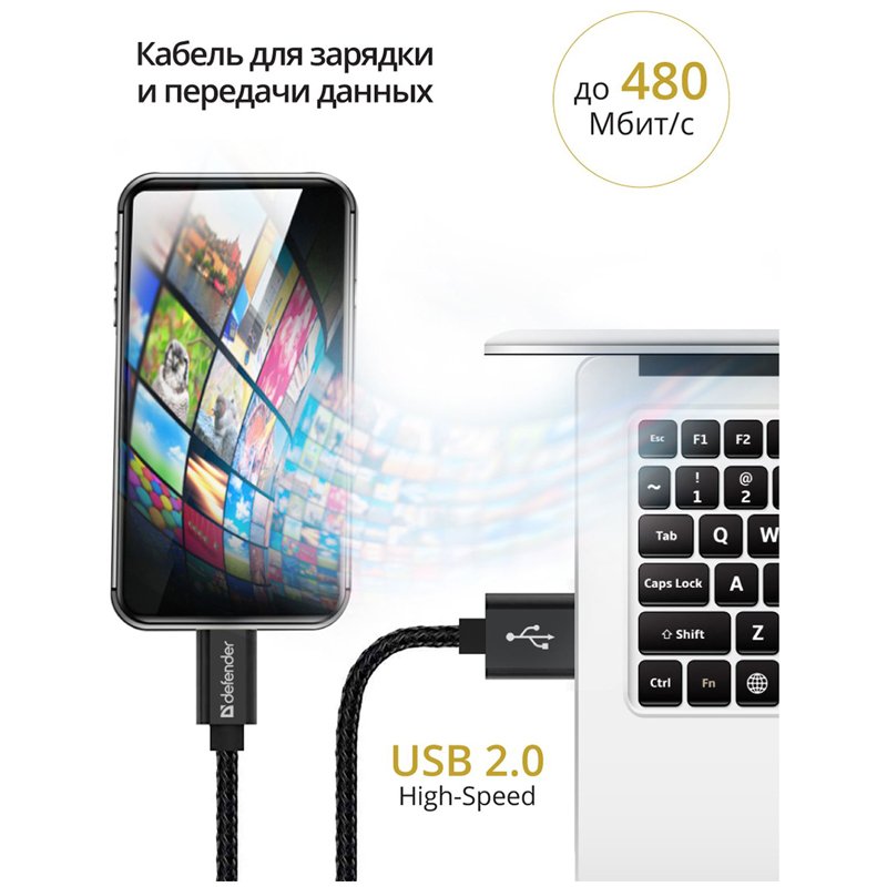 Кабель Defender ACH01-03T PRO USB(AM) - Lightning(M), для Apple, 2.1A output, в оплетке, 1м, черный